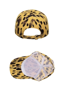 Detail view of leopard print baseball cap featuring metal buckle and inner structure
