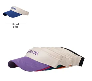 Close-up of Nebraska embroidery detail on colorful canvas sun visor hats for women