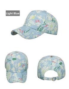 Detail of light blue floral baseball cap showing print quality and metal buckle strap
