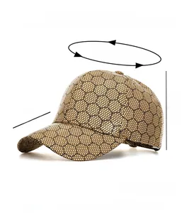 Detail view of gold hexagonal pattern baseball cap with dimensions and weight specs