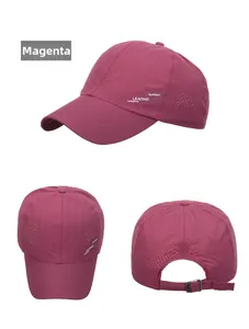 Detailed views of rose red breathable mesh baseball cap with metal buckle and side text