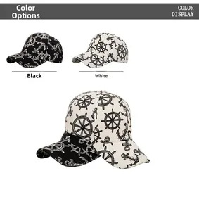 Detail view of cotton canvas baseball caps with nautical anchor and wheel print