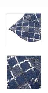 Vue détaillée d'une casquette en denim bleu avec des motifs losanges en paillettes