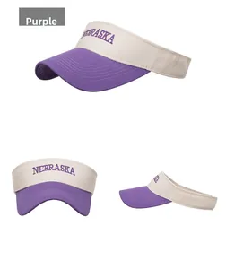 Detailed view of the purple letter embroidery NEBRASKA on the visor of this sun hat