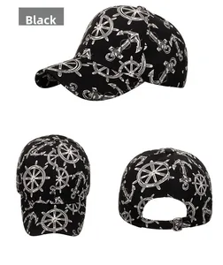 Detailed views of black nautical baseball cap with white anchor and helm patterns