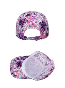 Detail of floral baseball cap showing metal buckle adjustment and mesh inner lining