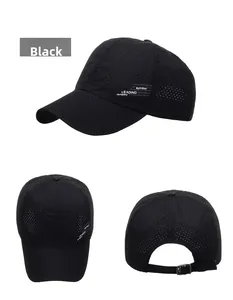 Detail view of black breathable baseball cap with laser-cut holes and adjustable metal buckle