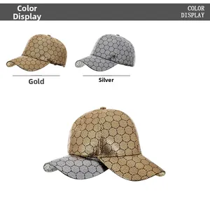 Detail showing metallic gold and silver baseball caps with a hexagonal honeycomb texture