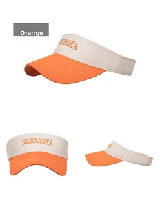 Detailed views of NEBRASKA embroidered sun visor hat with orange and beige contrast