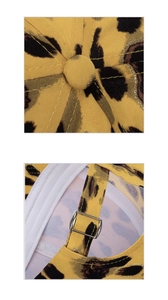 Detail view of leopard print baseball cap with metal buckle and fine stitching