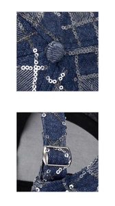 Détail d'une casquette de baseball en jean bleu avec paillettes et boucle en métal