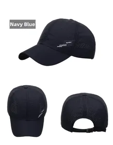 Navy blue breathable quick-dry baseball cap with side lettering and adjustable buckle
