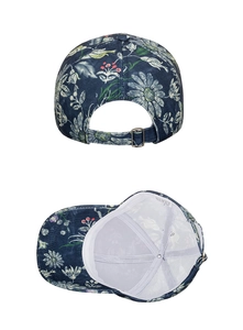 Detail of adjustable metal buckle and floral printed denim fabric on baseball cap