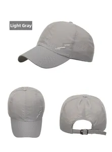 Detailed views of light grey quick-dry baseball cap with laser perforations and metal buckle