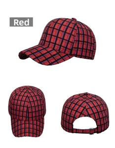 Three-angle view of red and black checkered baseball cap with adjustable metal buckle strap