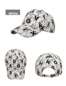 Detail view of white baseball cap with angel prints and adjustable metal buckle back
