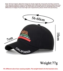 Detailed size chart for California Republic embroidered baseball cap with measurements