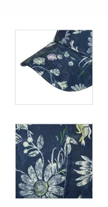 Detailed close-up of dark blue denim baseball cap with white floral print and stitching