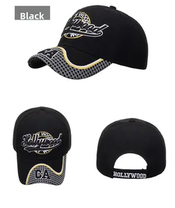 Vues détaillées de la casquette Hollywood CA noire avec broderie et sangle