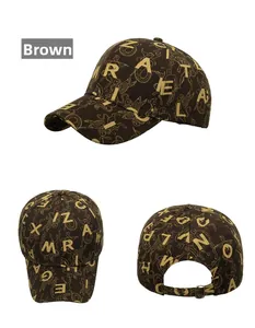 Detailed views of a dark brown baseball cap with gold mythological print and metal buckle