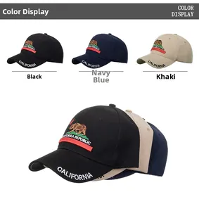 Three-color display of California Republic bear embroidered baseball caps in black, navy, and khaki