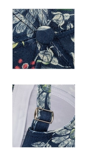 Detail of floral baseball cap showing metal buckle adjustment and stitched cotton seams
