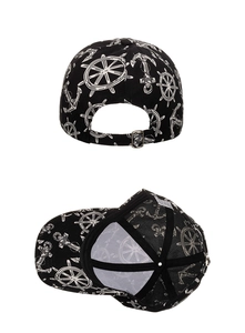 Detail of nautical anchor print baseball cap with metal buckle and internal stitching