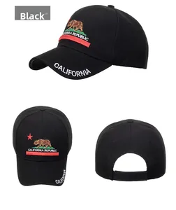 Detailed views of black cotton baseball cap with embroidered California Republic bear