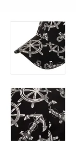 Macro view of canvas fabric stitching and anchor nautical prints on black baseball cap
