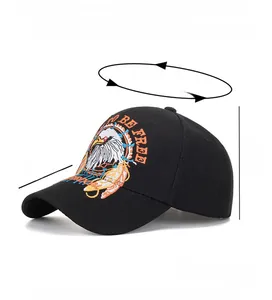 Detail view of cotton baseball cap with eagle embroidery and size specifications
