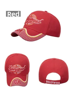 Vues détaillées de la casquette rouge Hollywood CA avec broderie et sangle ajustable
