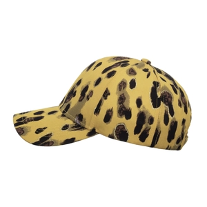 Yellow leopard print baseball cap with gold glitter accents and curved brim for outdoor sun protection