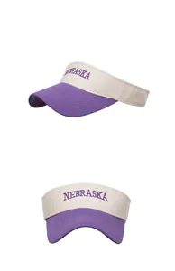 Detail view of contrast color sun visor with Nebraska letter embroidery and stitching