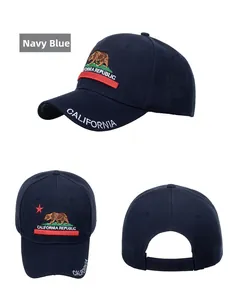 Three-way view of navy blue baseball cap with California Republic bear embroidery detail