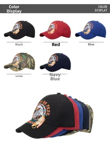 Detail view of cotton embroidered baseball caps with eagle pattern and Be Free text in 5 colors
