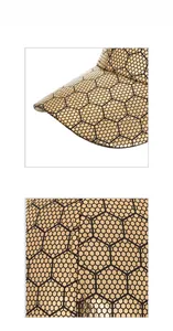 Macro detail of golden PU baseball cap with black honeycomb pattern and multi-row stitching