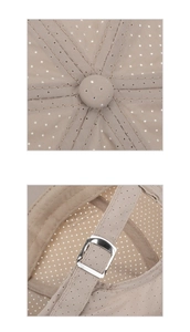 Detailed close-up of breathable mesh fabric and adjustable silver buckle on beige baseball cap