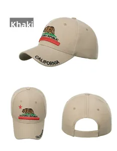 Detail view of khaki cotton baseball cap with California Republic grizzly bear embroidery
