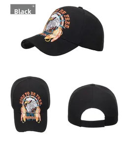 Detailed views of black cotton baseball cap with eagle embroidery and Freedom lettering