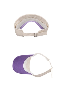 Detail of sun visor showing metal buckle and reinforced stitching on purple brim