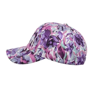 Floral baseball cap with purple and pink watercolor patterns and gold glitter detail