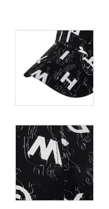 Close-up of black canvas baseball cap with white bold letters and graffiti print detailing