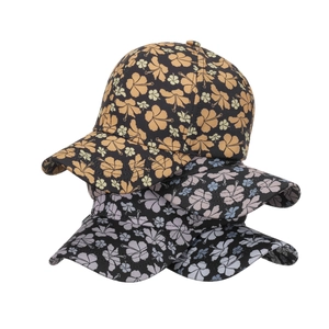 Three-piece set of floral baseball caps with hibiscus prints in orange, purple, and blue colors