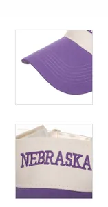 Detail of violet and beige sun visor showing premium embroidery and stitching