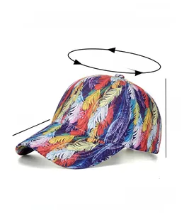 Detailed view of colorful feather print baseball cap with size and dimension specifications