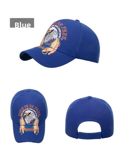 Detailed embroidery of an eagle and freedom text on a blue cotton baseball cap