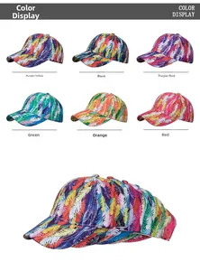 Detailed grid of colorful tie-dye baseball caps with vibrant feather patterns and curved brims