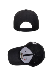 Detail view of adjustable velcro strap and 100% acrylic material label inside baseball cap