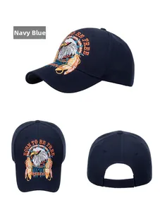 Three-view detail of navy blue baseball cap with eagle embroidery and Freedom slogan