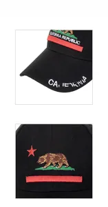 Detail of California Republic bear embroidery on black cotton baseball cap with red star